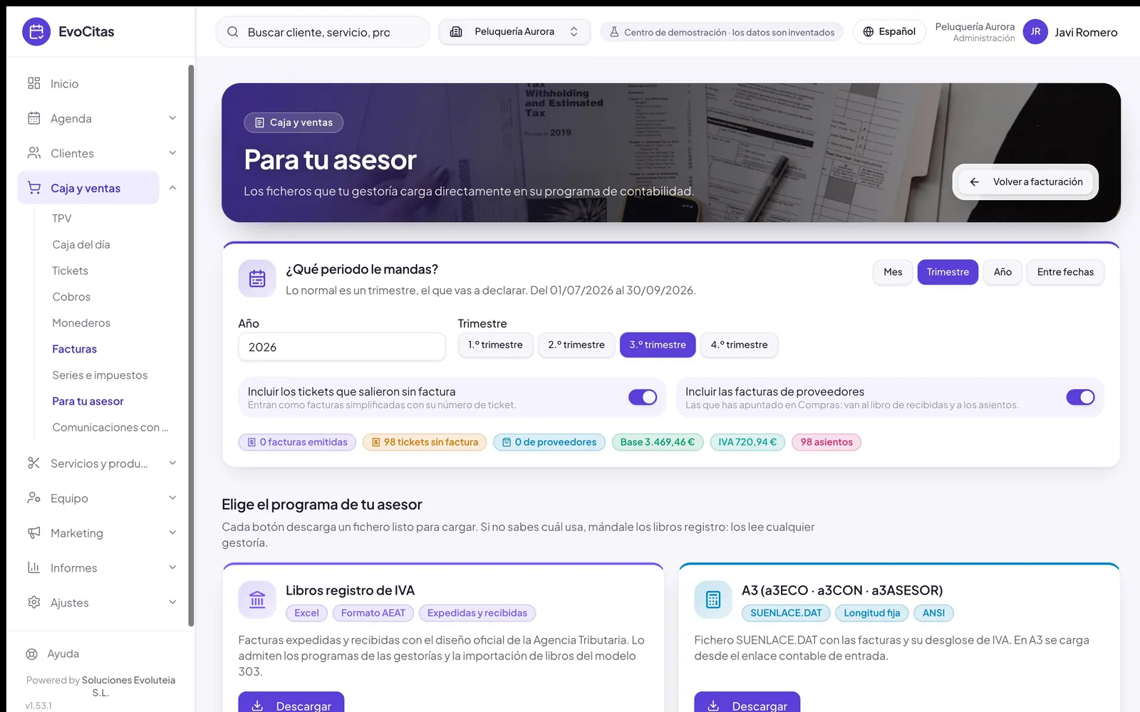 Pantalla «Para tu asesor» de EvoCitas con el trimestre elegido y los ficheros para cada programa de contabilidad