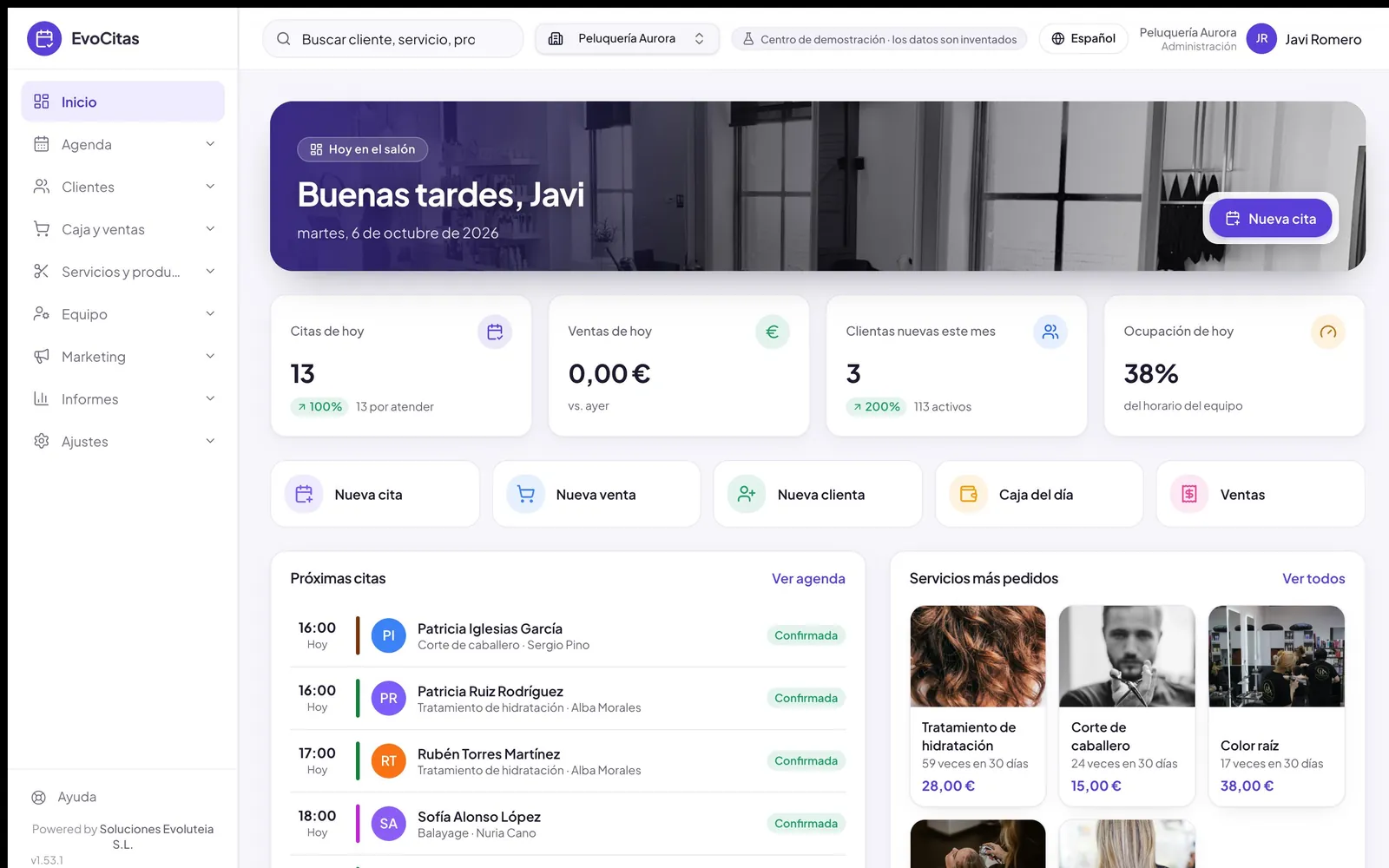EvoCitas para peluquería: pantalla de inicio de la empresa de demostración
